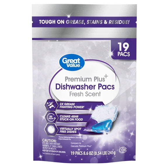 Great Value Premium Plus Dishwasher Pacs, Fresh Scent, 19 Count