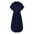 thumbnail image 4 of Vivianyo HD Women's Collar Full Button Belted Shirt Midi Dress, Solid Short Sleeve Self Tie Waist Split Hem Dresses for Women Summer Beach, Women's Navy, Sizes S-3XL, 4 of 8