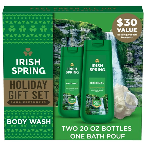 Irish Spring Original Body Wash Gift Set, Paraben Free, 2 x 20 fl oz Bottles Plus Bath Pouf
