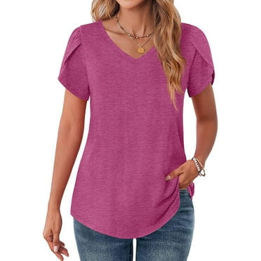 MOSHU V-Neck T-shirts for Women Petal Sleeve Tunic Tops Summer Casual Womens Shirts