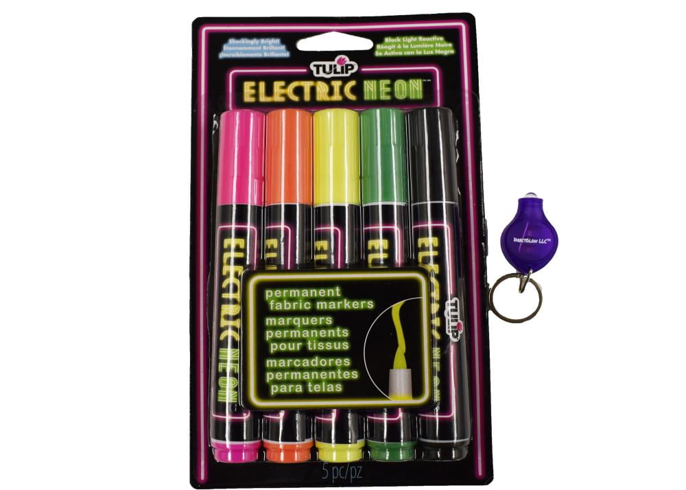 Blacklight Reactive Electric Neon Permanent Fabric Markers 5 Pack with  DirectGlow Keychain Flashlight