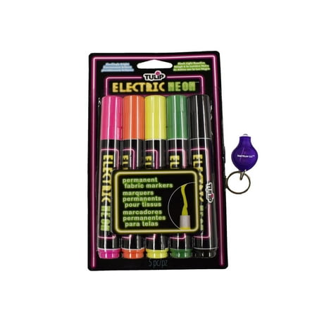 Blacklight Reactive Electric Neon Permanent Fabric Markers 5 Pack with DirectGlow Keychain Flashlight
