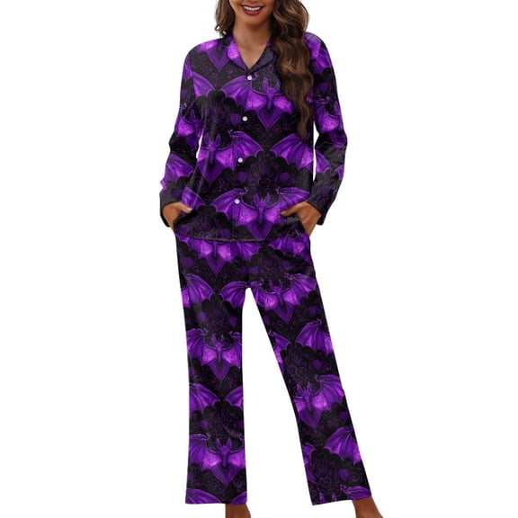 Garronmavis Purple Bat Women's Long Sleeve Button Down Pajama Set 2-Piece Halloween Soft Comfy Sleepwear with Pockets Comfortable Lounge Set Nightshirt & Pants