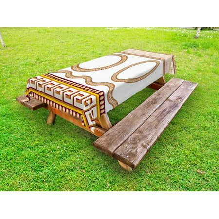 Oval Tablecloth Crochet Pattern - Greek Key Outdoor Tablecloth, Ancient Fret Pattern in Oval and Circle Shapes Wavy Straight Borders, Decorative Washable Fabric Picnic Table Cloth, 58 X 84 Inches,Marigold Plum White, by Ambesonne