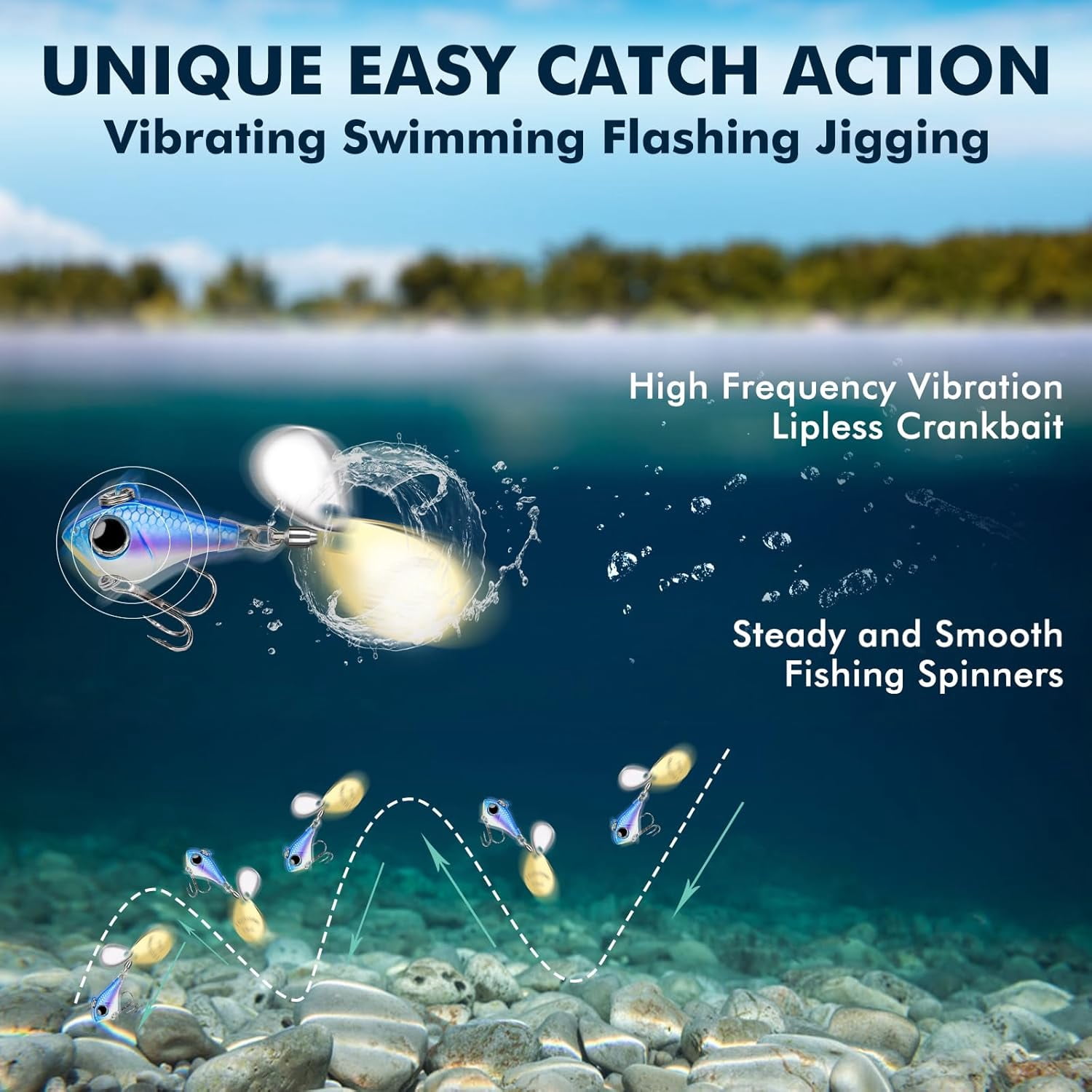 TRUSCEND Vibespinner Lures with BKK Hooks – Easy Catch: 4 Actions (Vibrate/Swim/Flash/Jig) for More Bites, Longer Cast Search Bait – Jigs for Bass, Crappie, Trout– Ideal for Family Fishing