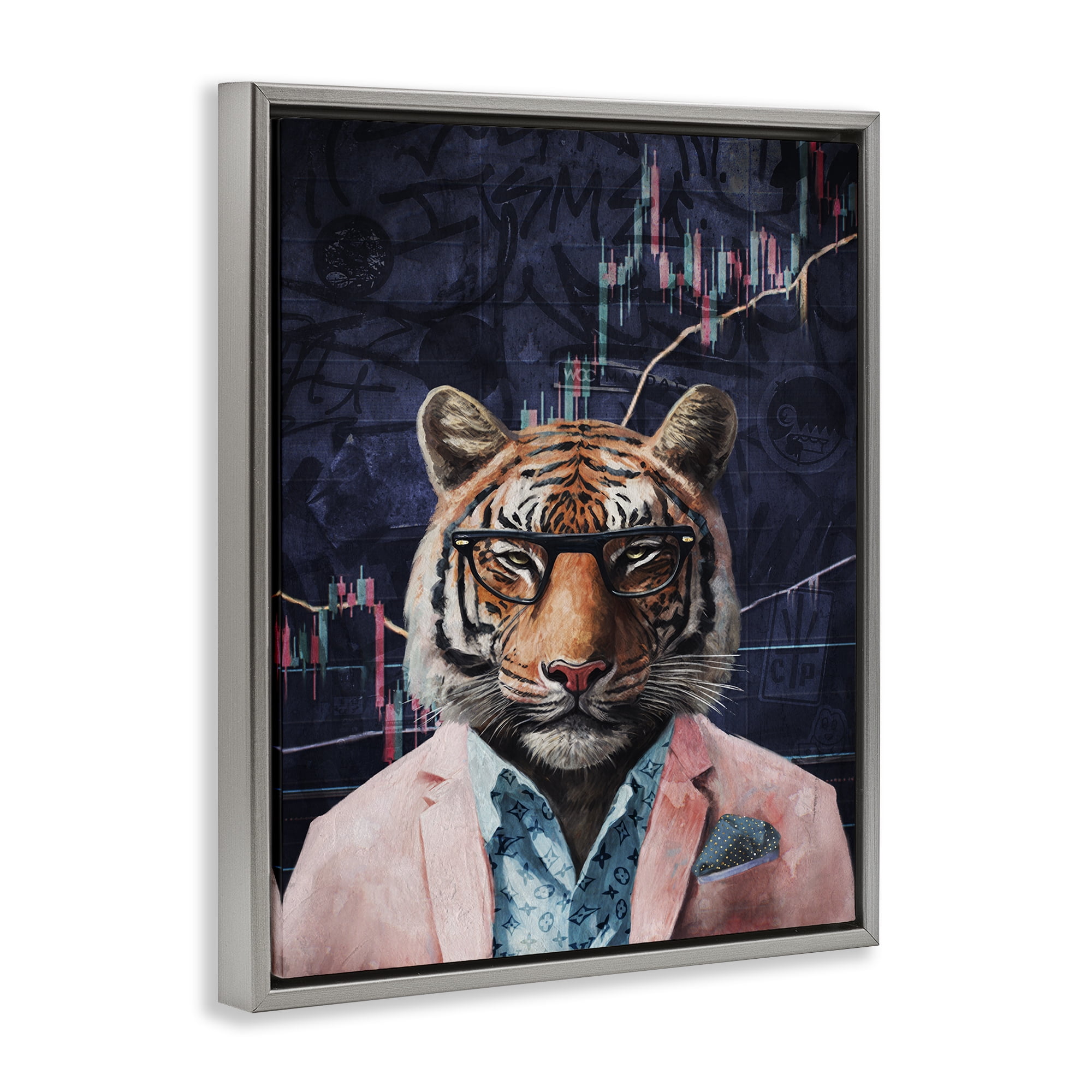 Stupell Industries Trendy Tiger on Abstract Animals Painting Gray Floater Framed Canvas Art Print Wall Art, 17 x 21