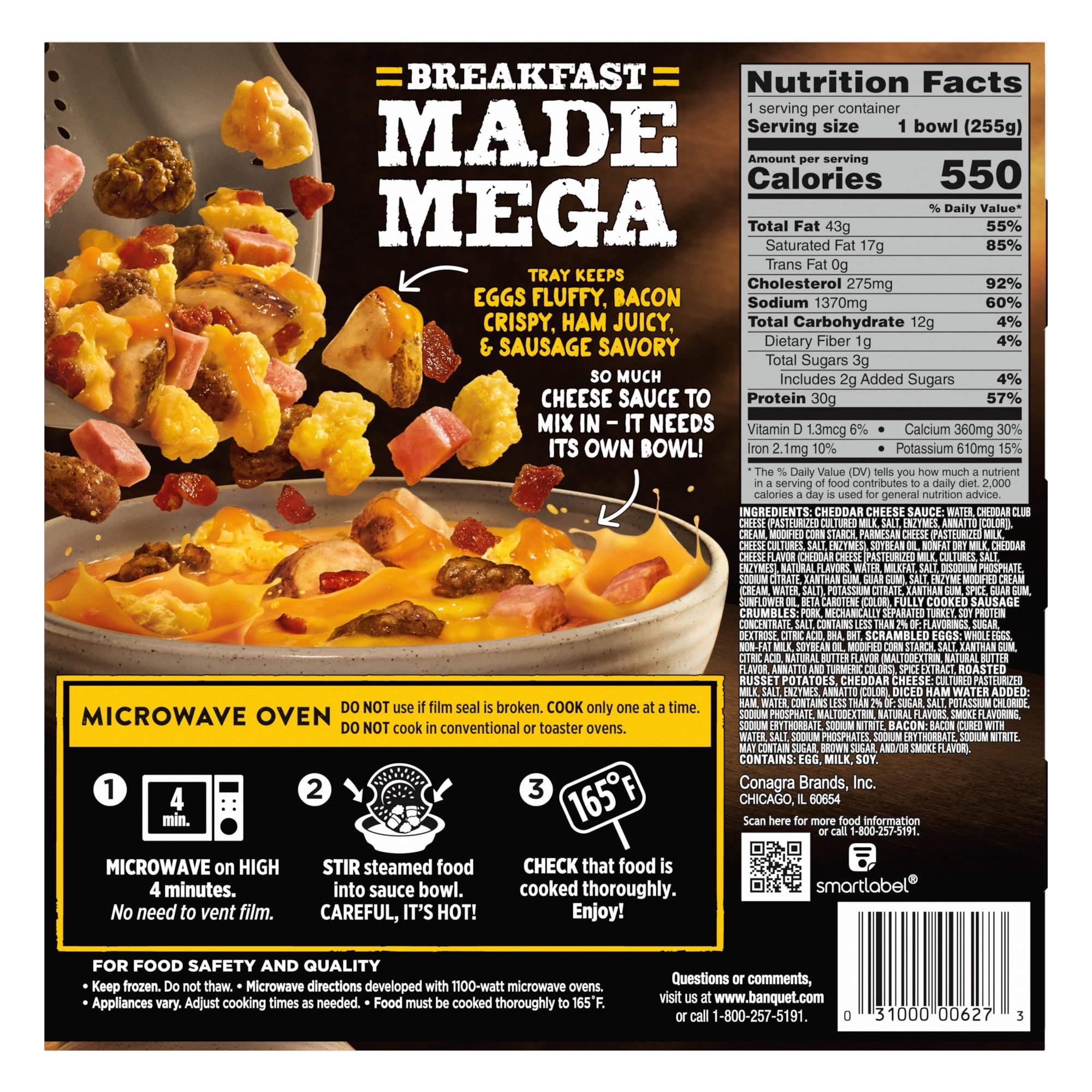 Banquet MEGA Breakfast Bowl Meat Lovers, 30g Protein, Frozen Breakfast Bowl, 9 oz. Bowl