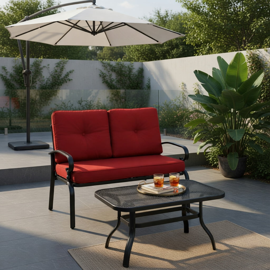 Hommoo 4-Piece Outdoor Rattan Patio Furniture Set, PE Rattan Loveseat, 2 Single Chairs & Tempered Glass Coffee Table for Backyard, Balcony, Garden, Black