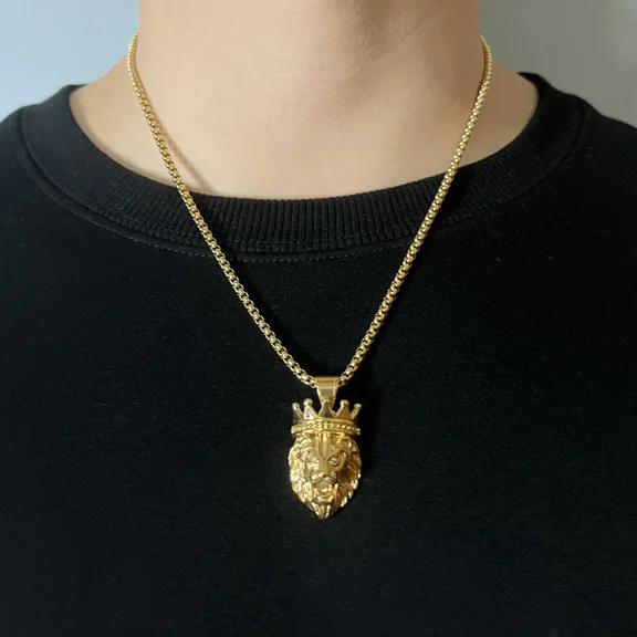 Animal Lion Head Shape 14K Yellow Gold Pendant Necklace Men's Fashion Crystal Inlaid Hip Hop Jewelry