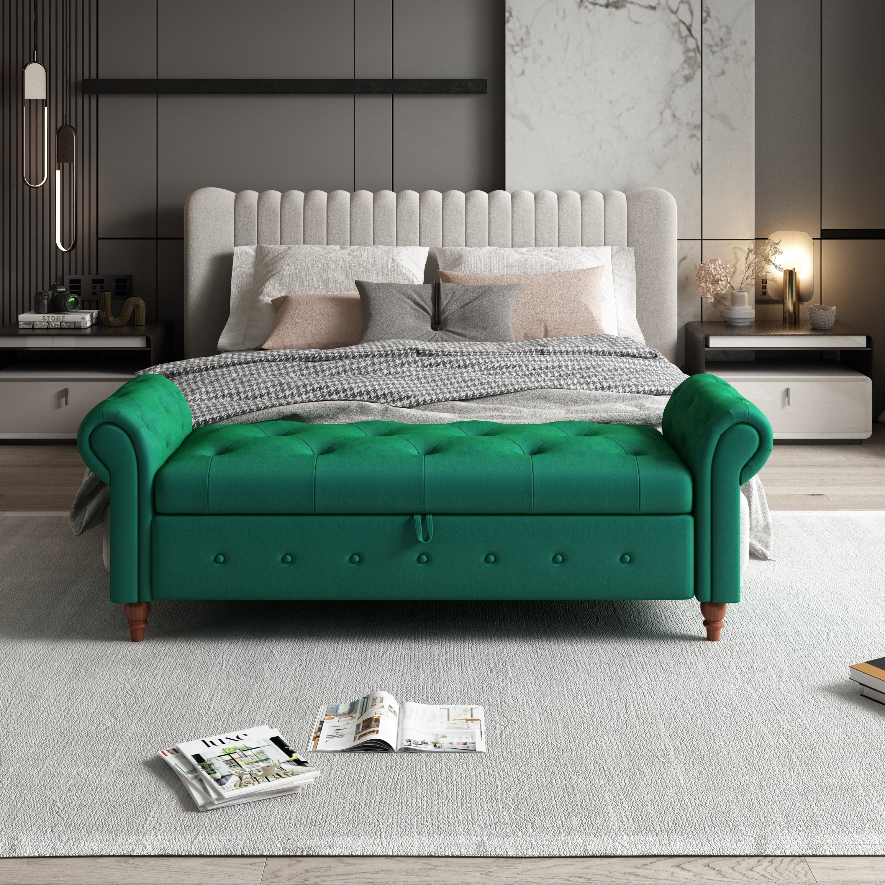 Miniyam 63" Storage Ottoman Bench with Rolled Arms, Button Tufted End of Bed Bench for Bedroom, Green