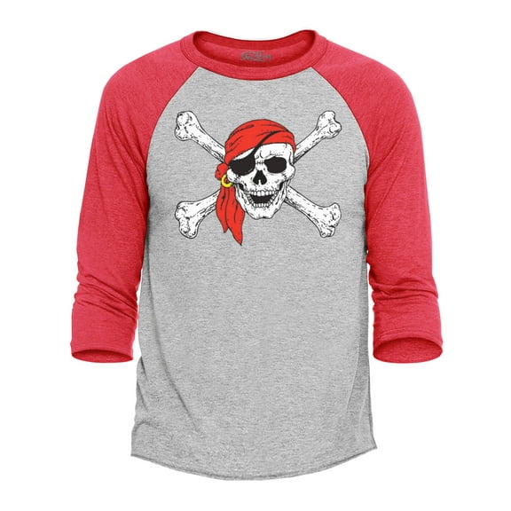 Shop4Ever Men's Pirate Skull and Crossbones Pirate Flag Raglan Baseball Shirt XX-Large Heather Grey/Red