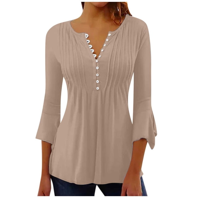 aidice Womens Shirts Notched V Neck Long Sleeve Button Ruched Tunic Tops Casual Comfy Fall Blouses Tops