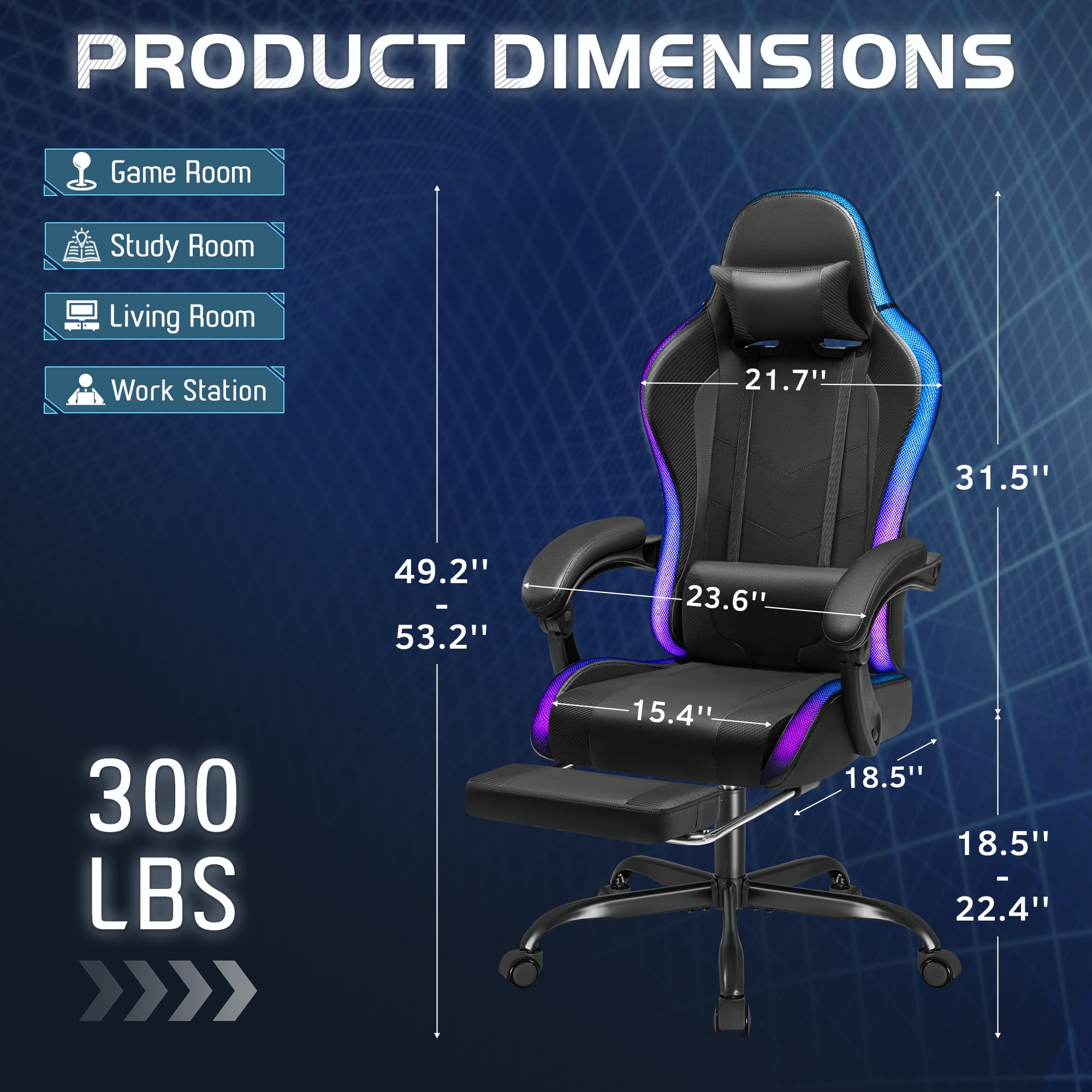 Homall RGB Gaming Chair with APP & Remote Control, LED Lights Ergonomic Computer Chair with Footrest & Massage Lumbar Support, Black