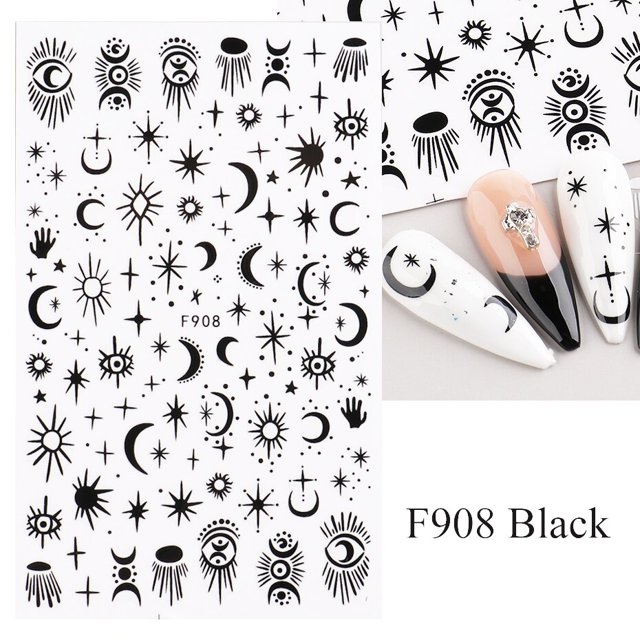 Pegatinas 3D de ojos malvados para uñas, deslizadores de línea de estrella y luna de serpiente, diseño de bruja, calcomanías de llama púrpura de verano para manicura