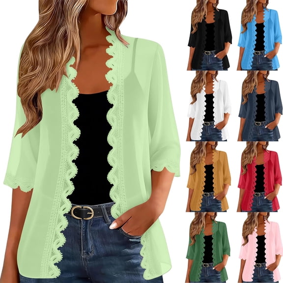 Jsaierl Women Vintage Lace Trim Chiffon Cardigan, Open Front Scallop Edge Sheer Kimono, Delicate Lightweight Cover Up for Party Bridal Beach Resort Wear