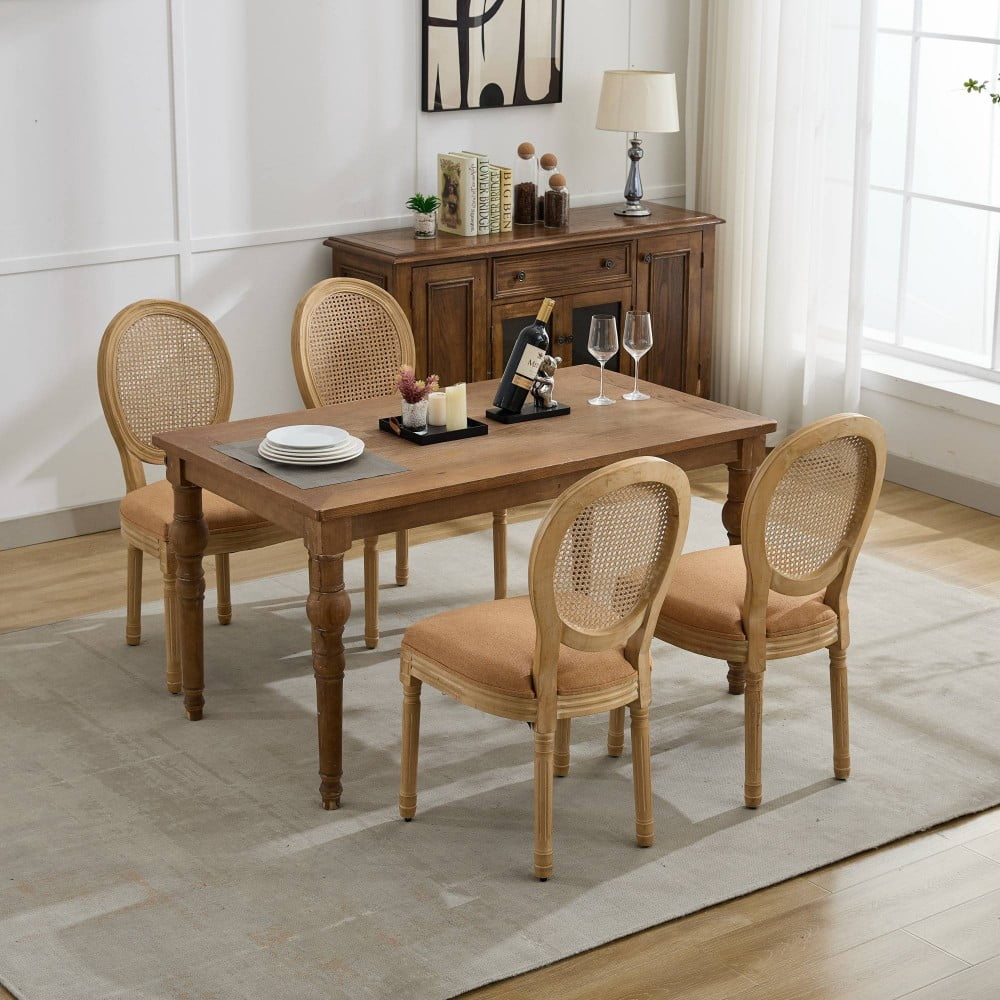 French Style Dining Chairs Set of 2, Solid Wood Upholstered Kitchen Chairs with Rattan Backrest, Linen Fabric, Antique Finish, Tan