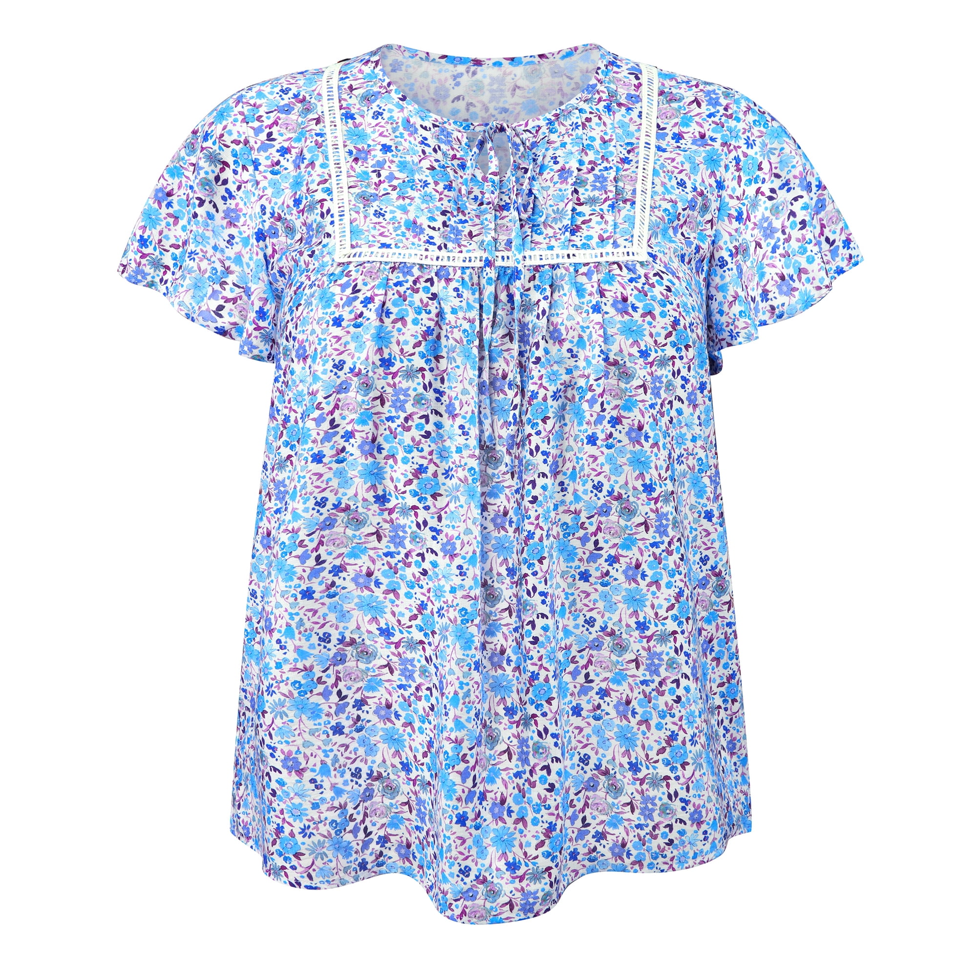 DARING DIVA Women's Plus Floral Tie Neck Blouse with Ruffle Sleeve 2X Sky Blue
