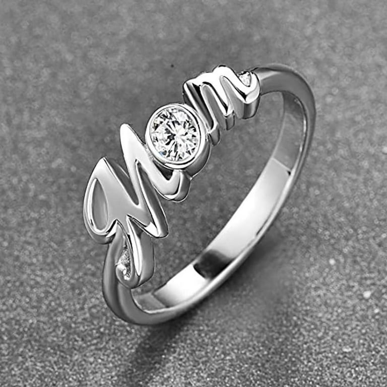 Mom Ring Sterling Silver With Cubic Zirconia - 925 Silver 'MOM' Script Ring For Mothers Day Gifts