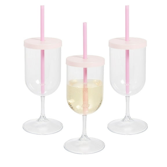 Fun Express Lidded Plastic Wine Glasses with Straws - 12 Pieces
