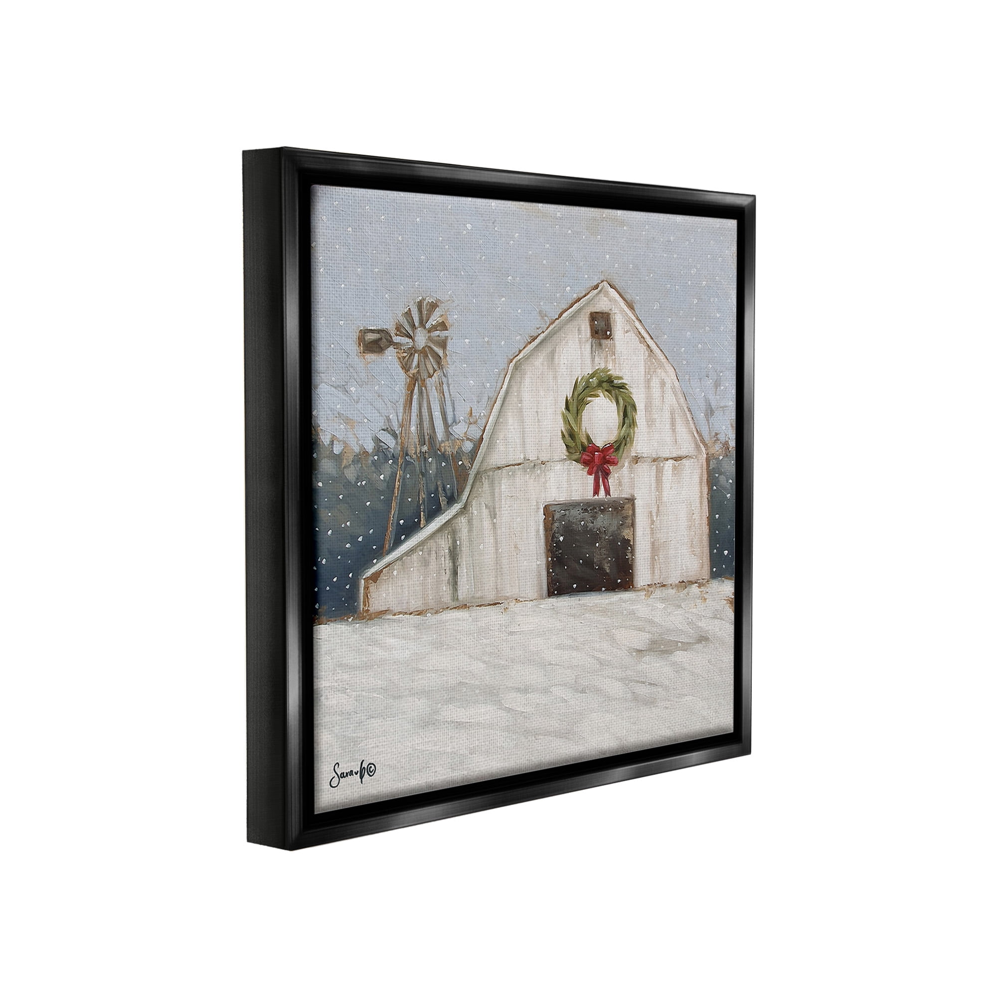 Stupell Industries Winter Barn with Snowflakes Landscape Painting Black Floater Framed Canvas Art Print Wall Art, 18 x 18