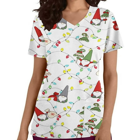 

TAIAOJING Scrubs for Women Fashion Christmas Print Short Sleeve Workwear V Neck Pockets Tops Working Blouse Shirt