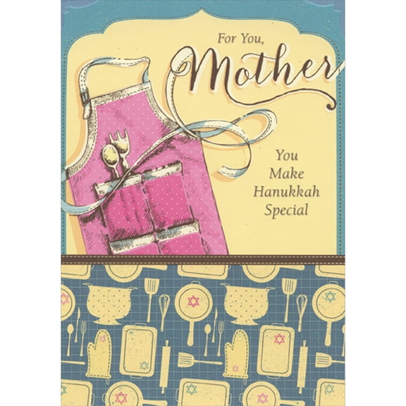Designer Greetings Pink Apron with Swirling Straps, Yellow Baking Symbols on Blue Hanukkah Card for Mother