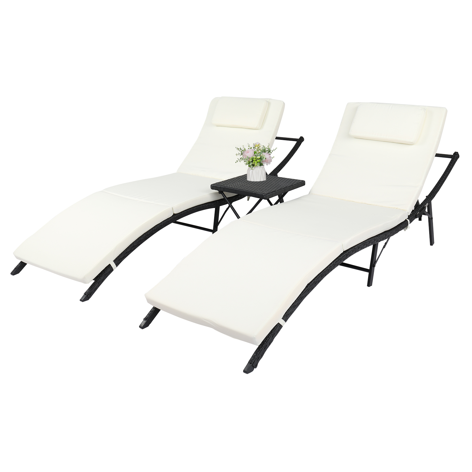 3 Piece Patio Chaise Lounge Chair Set, Outdoor Adjustable Folding Lounge Chair Set with 5 Positions, Patio Furniture PE Rattan Chaise Lounge Set with Folding Table and Beige Cushion, Black, J2045 - image 2 of 20