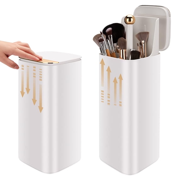 Greenpod Automatic Lift Makeup Brush Holder, 4-Compartment Large Capacity Plastic Cosmetic Brush Organizer with Lid, One-Button Lift for Easy Storage (White)