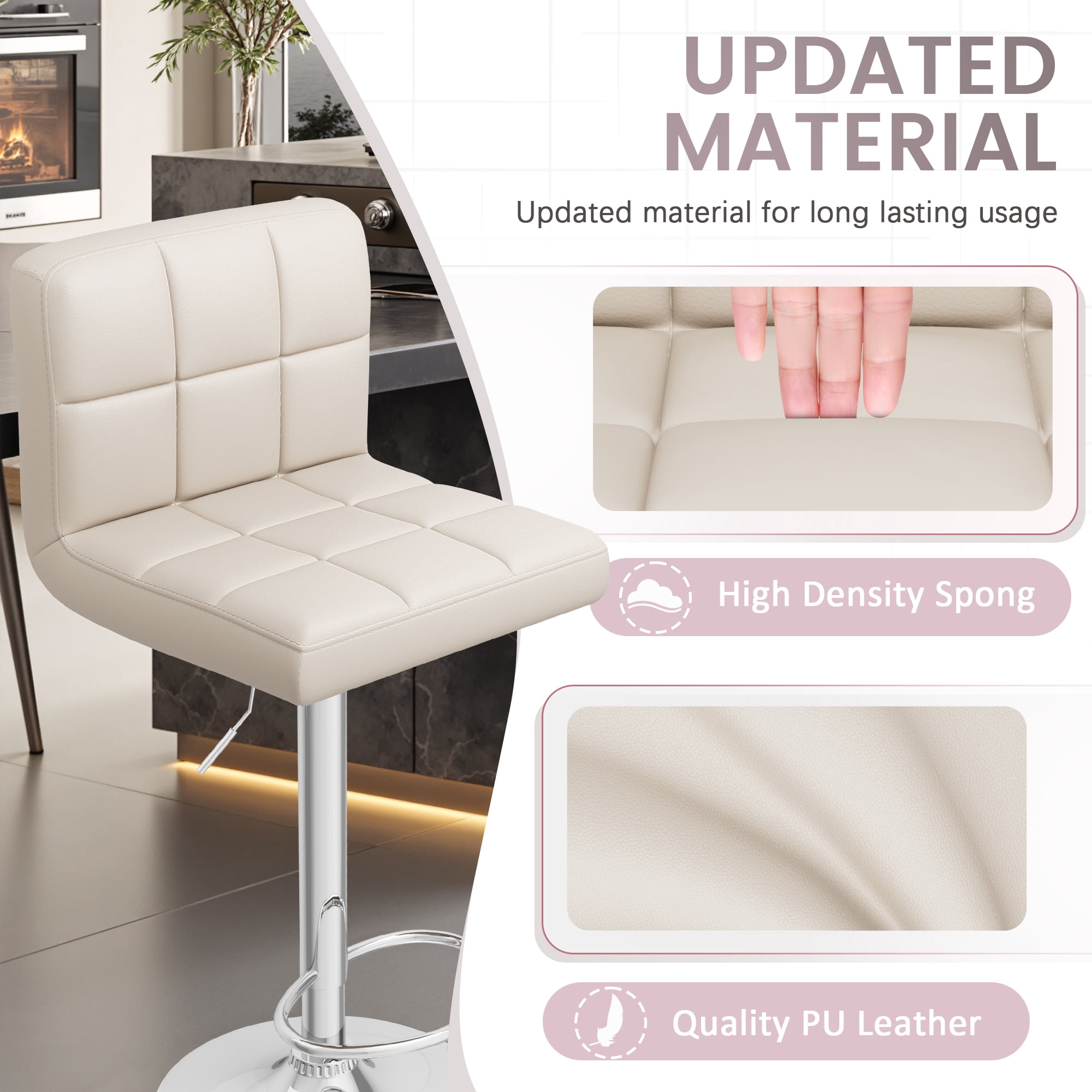 Homall Bar Stools Set of 2 Modern PU Leather Height Adjustable Swivel Barstools Counter Square Island Barstool with Back for Bar Kitchen, Beige