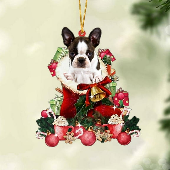 Acrylic 2D FLAT - BRINDLE Boston Terrier-Red Boot Hanging Ornament - Holiday Tree Decoration