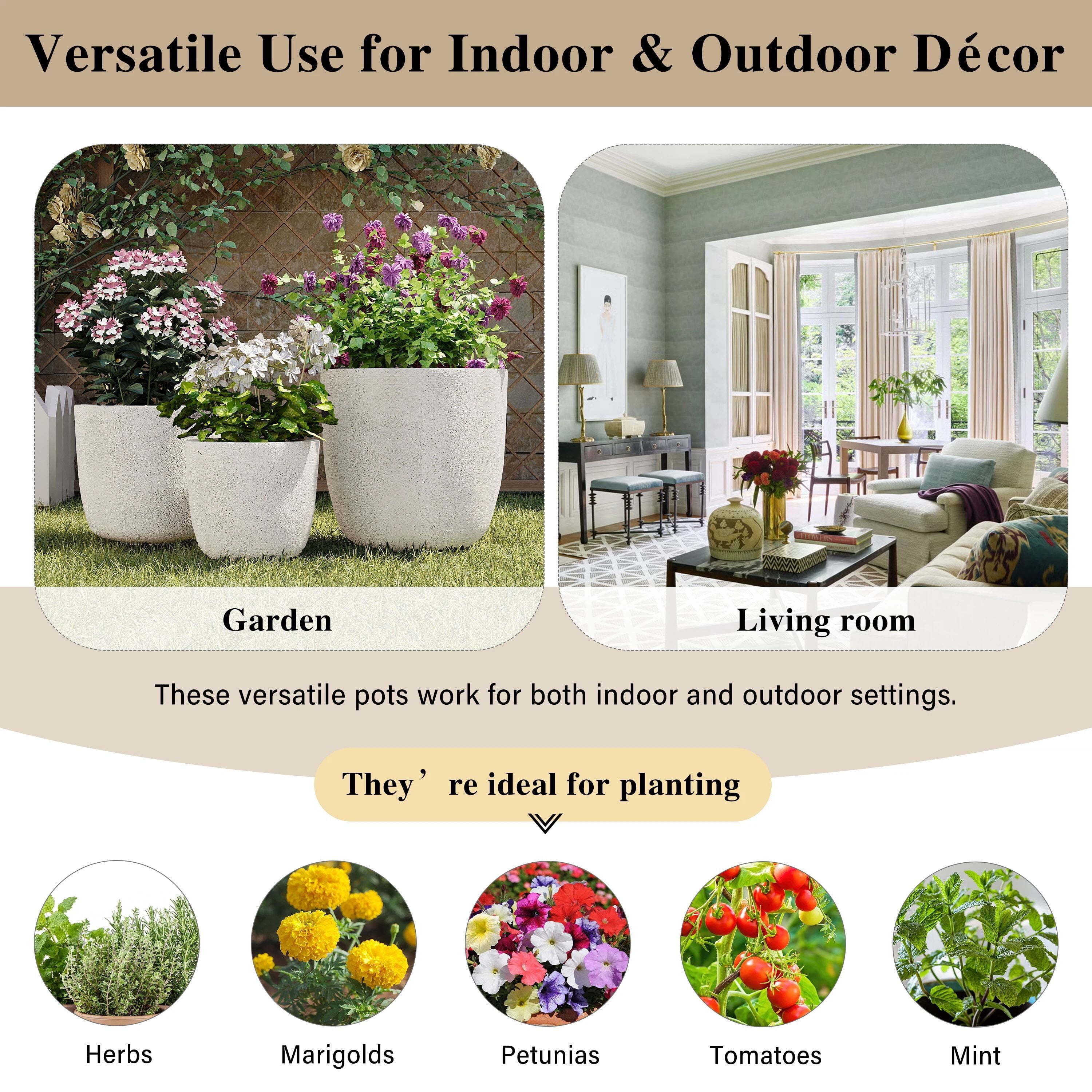 Euroco Lightweight Flower Pot Set of 3, 16.93"+13.98"+11.22" Dia Round Concrete Stackable Planter with Drainage Holes and Rubber Plug,Modern Decorative Pots for Indoor Outdoor,Patio Garden Balcony