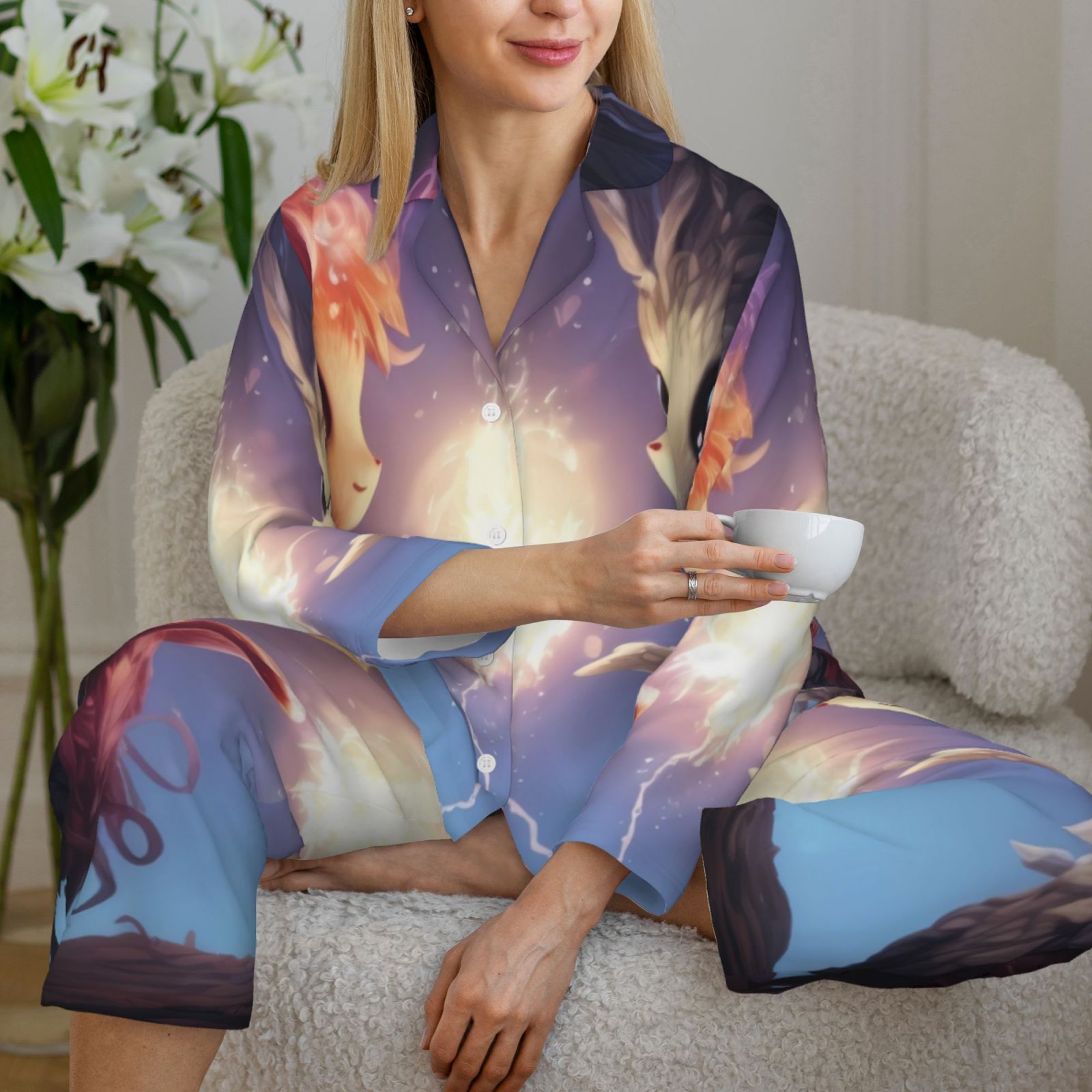 Fuzoiu Dreamy Forest Elf Print Women's Long-Sleeved Pajama,Lounge Button Down Nightwear,Womens Notch Collar Pajama Set-Small