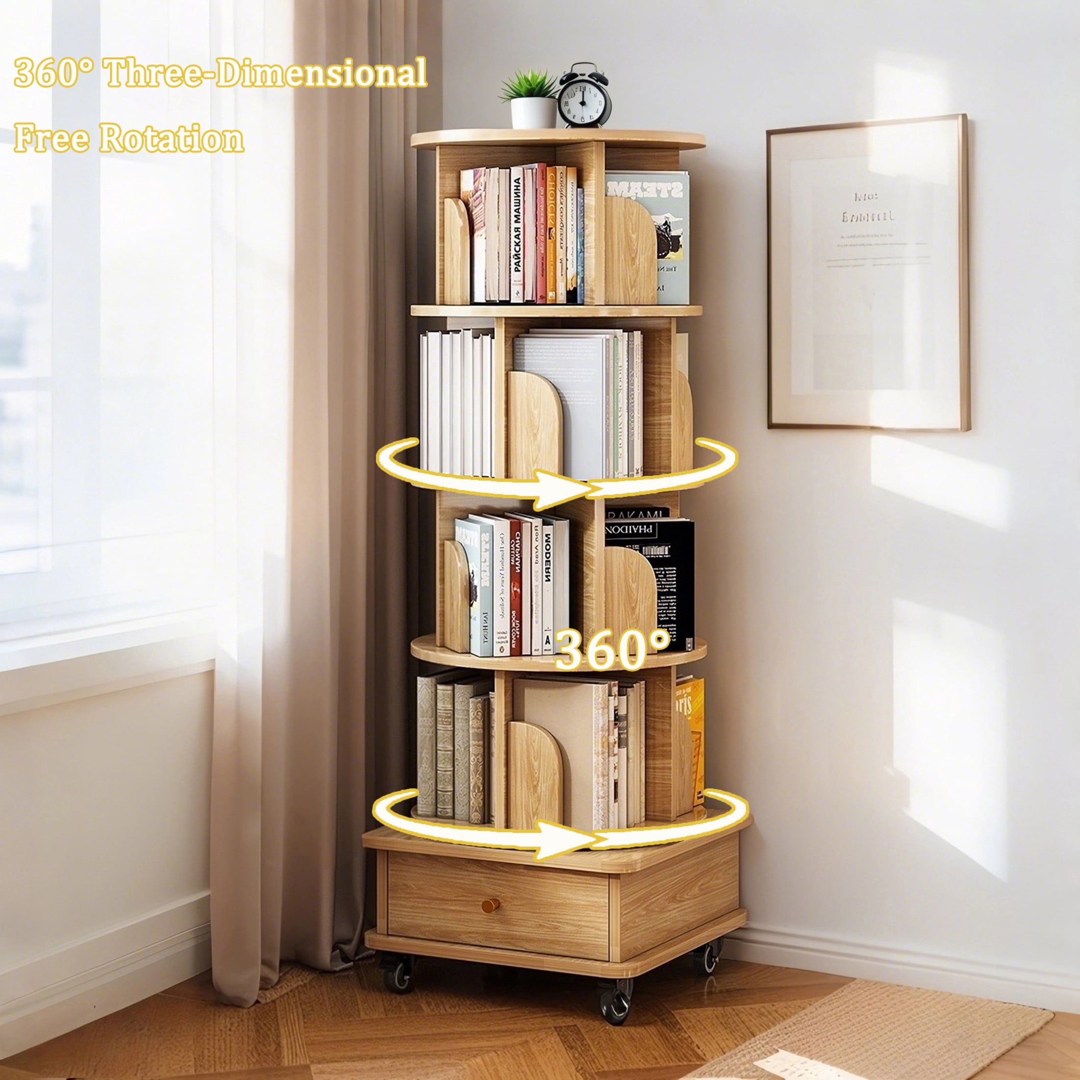 Noble House Ronald 5-Tier 360° Rotating Display Bookshelf, Round Tower with Wheels & Drawer, Space-Saving, Natural