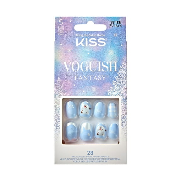 KISS Voguish Fantasy Holiday, Press on Nails, Snowman Nose, Blue, Short Oval, 28 Count