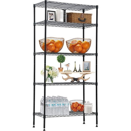 Wire Shelving Unit 5 Tier Shelving, Storage Unit Heavy Duty Metal Organizer Rack, Shelf Standing Without Wheels for Kitchen Bathroom Garage,14" D x 24" W x 60" L Black