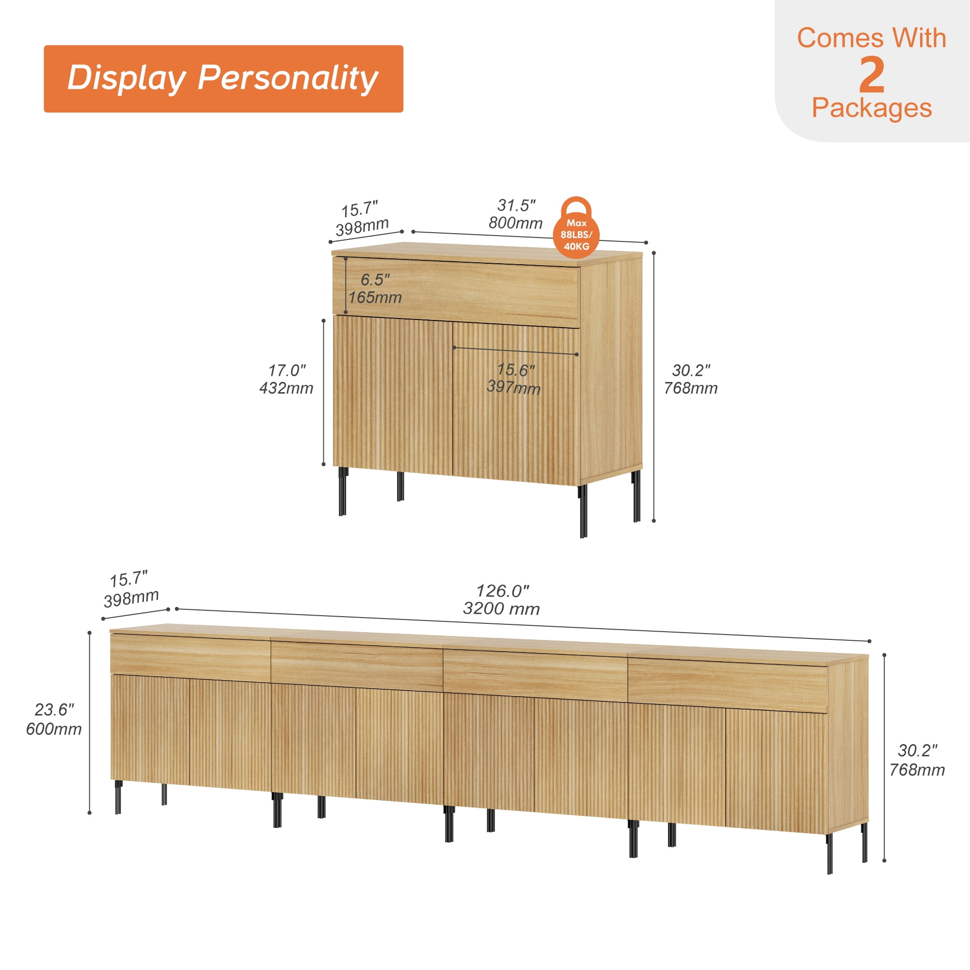 126" Long Modern Reeded TV Stand with Doors, Entertainment Center with Shelf, Wooden TV Console with Drawers for Living Room