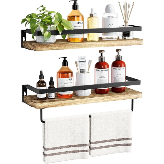 Bathroom Shelves with Towel Bar, Floating Shelves, Wall Shelves for Bathroom/Living Room/Kitchen/Bedroom, Light Brown, Set of 2 - AMFS01