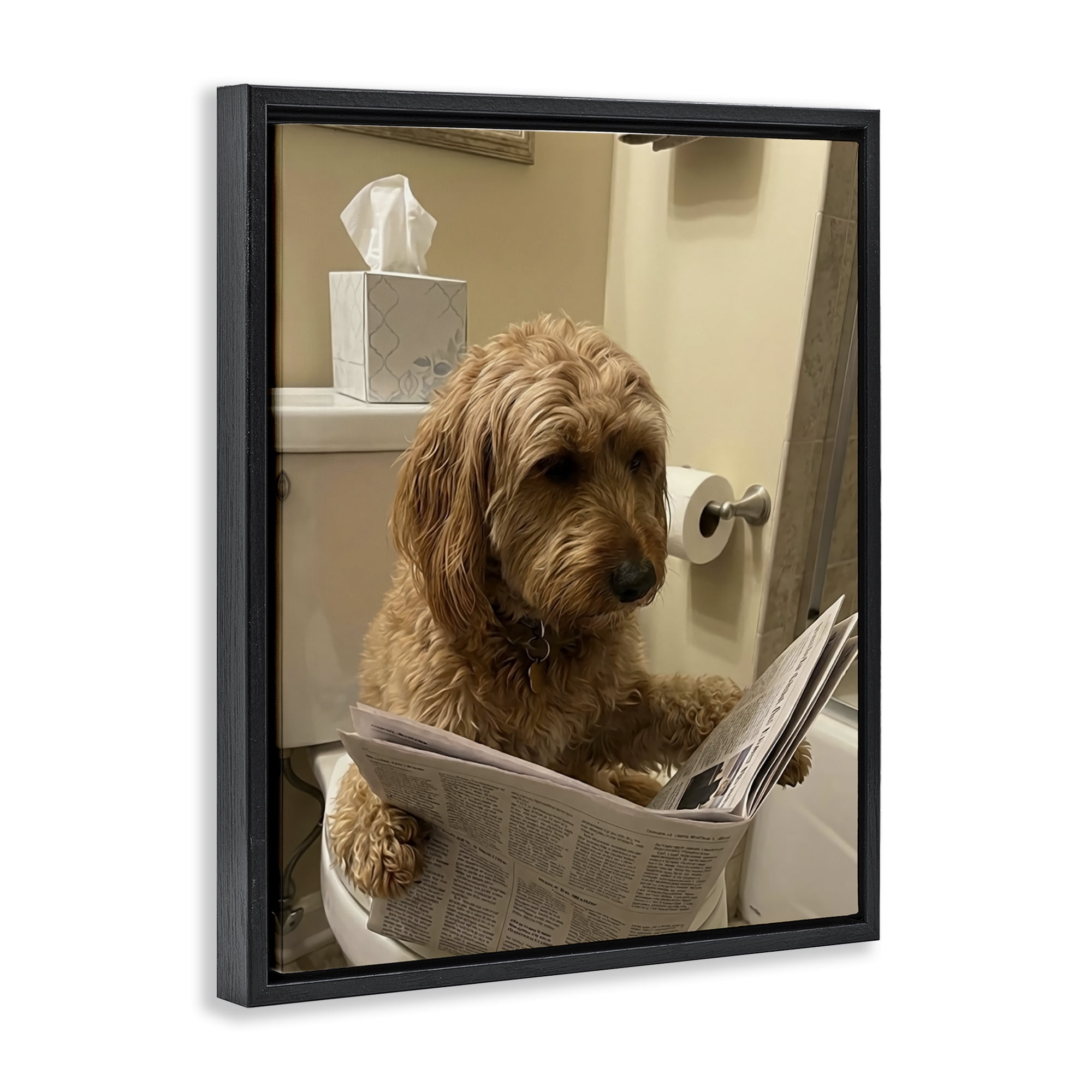 Stupell Industries Dog & Paper on Toilet Black Framed Floater Canvas Wall Art, design by Abigail Walker