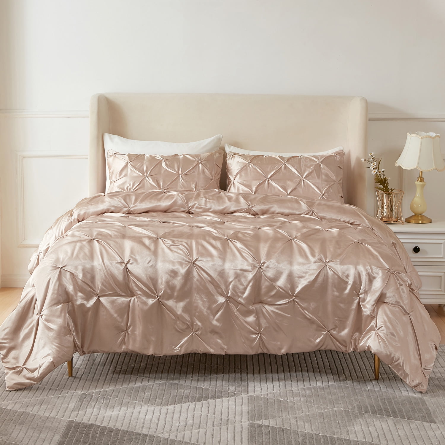 MR&HM Satin Comforter Queen Set 3pcs, Pintuck Beddding Sets with Comforter and 2 Pillow Shams