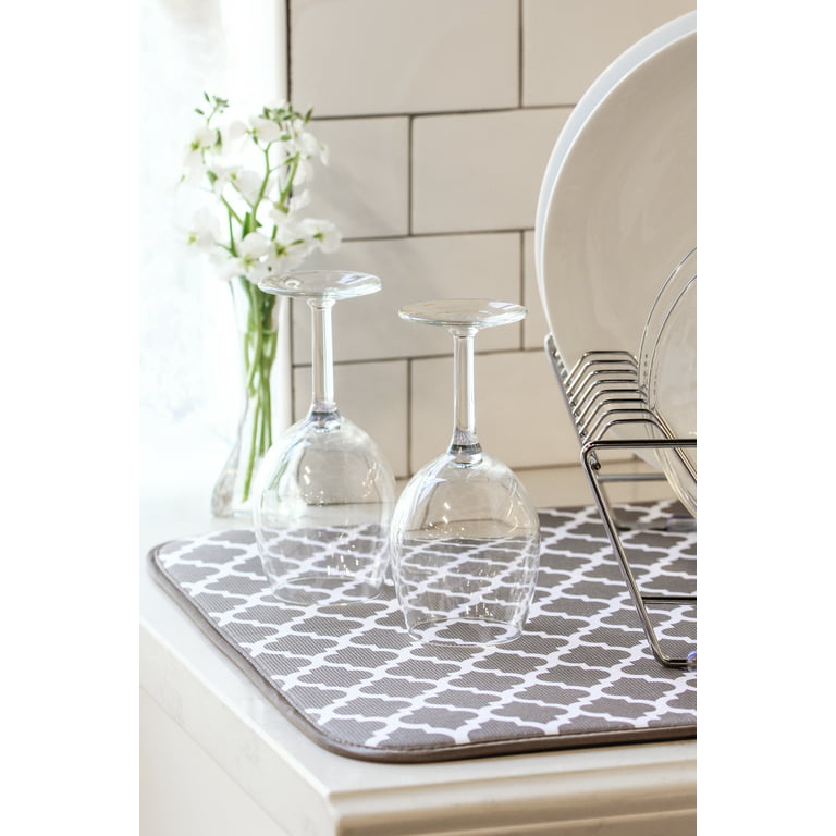 Reversible XL Microfiber Dish Drying Mat for Kitchen, 18 Inch x 24 Inch,  Taupe Trellis 