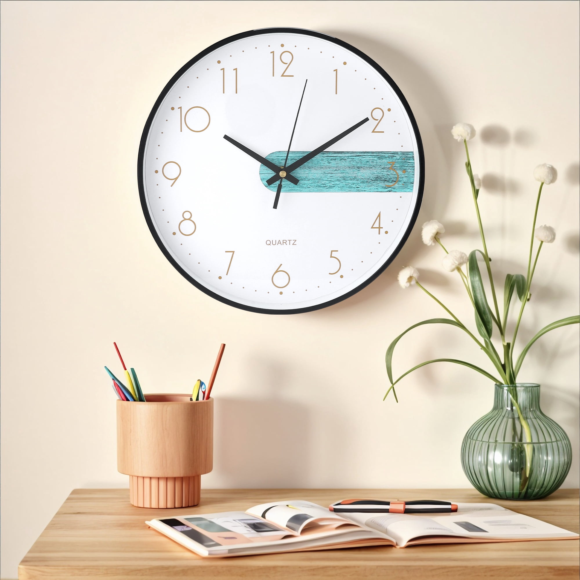 Unique Bargains Silent Non Ticking Battery Operated Wall Clock Blue and White 8 Inch