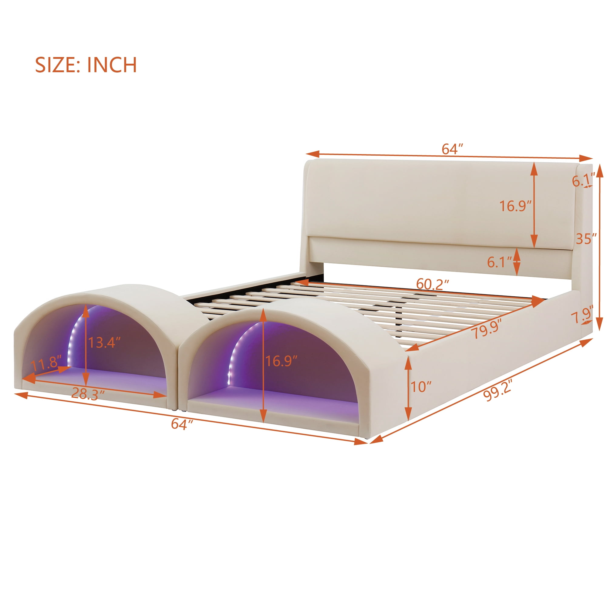 Queen Size Upholstered Platform Bed Frame with Dual Cat Caves and LED Lighted Pet Nests