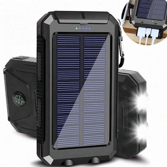 30000mAh Solar Charger Power Bank with LED Flashlight & Compass, Portable Backup for Cell Phones/Devices, for Summer Travel/Camping/Outdoor Emergency