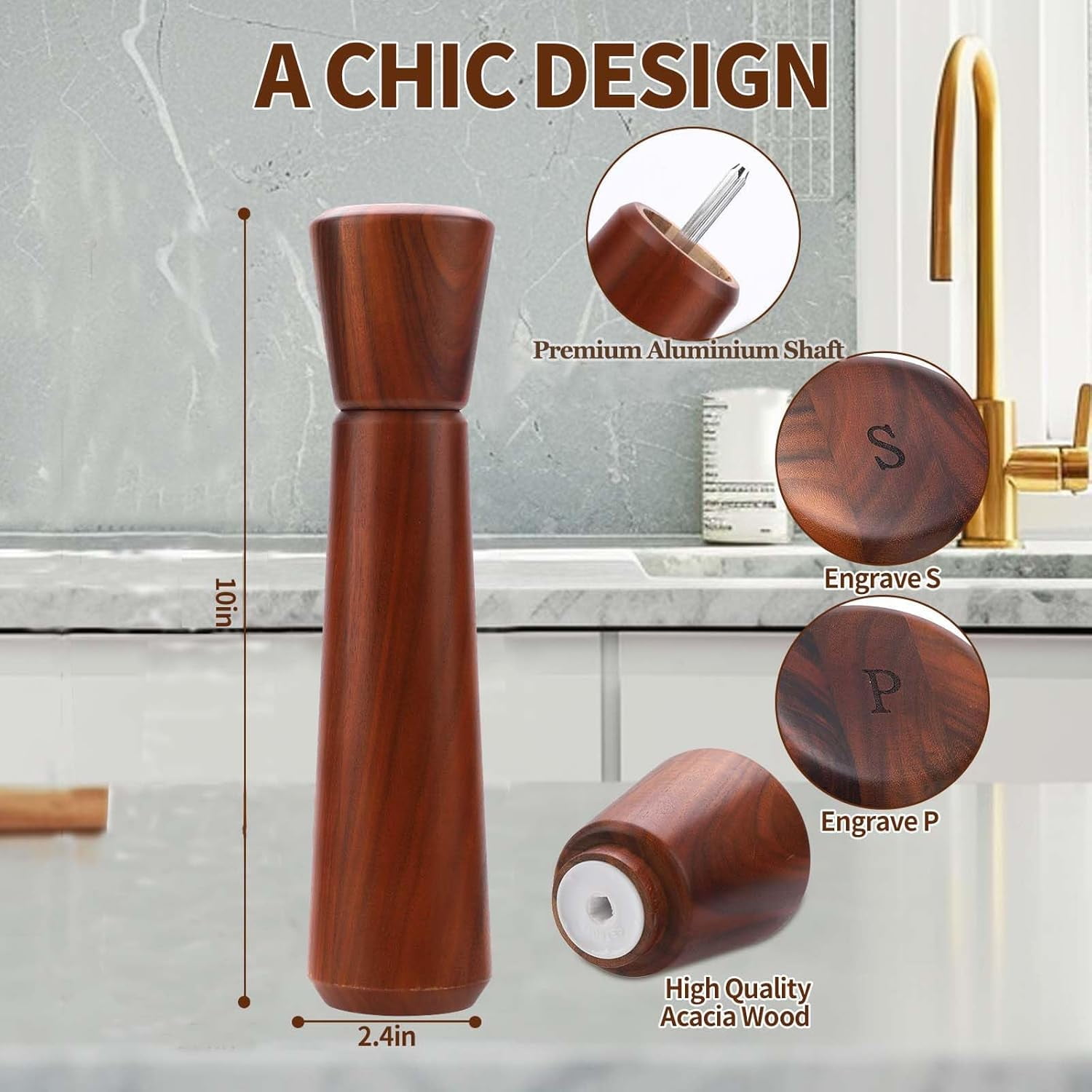 ABCISI Wooden Pepper Grinder,10In Wood Pepper Mill, Refillable Salt Grinder, Pepper Grinder Manual with Adjustable Ceramic Rotor, Easy Refill, Salt and Pepper Shakers with Coarseness Control 1-Pack