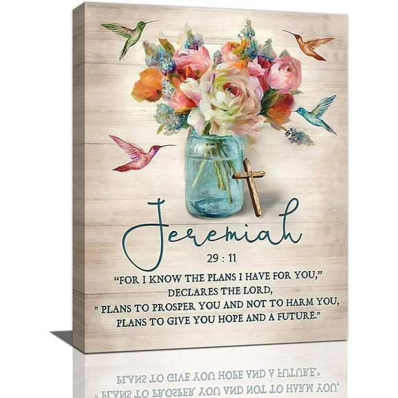 Farmhouse Scripture Wall Art Religious Bible Verses Canvas Prints Painting Rustic Floral Flower Pictures Framed Country Christian Gifts Hummingbird Artwork Home Decor for Church Bathroom Dining Living