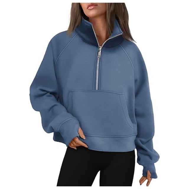 HNMKIU Vêtements pour Femmes Mode Décontractée Demi-Fermeture Éclair Court Col Montant Plus Chandail à Capuchon Uni