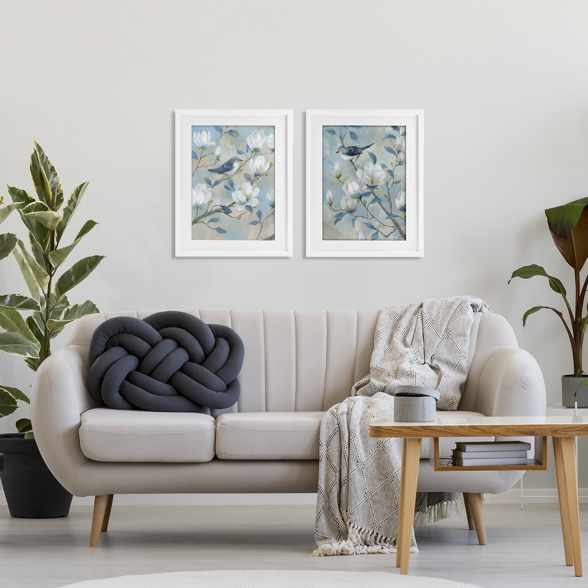 Stupell Industries Blue Birds in Magnolia Tree 2 Piece White Framed Print Under Glass Set, design by Nan