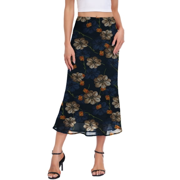 Asklazy Women’s Chiffon A-Line Maxi Skirt High Waisted Flowy Long Skirt Elastic Waist Business Casual Elegant Skirt for Work Office Daily Wear Summer,Navy Blue Peony,L