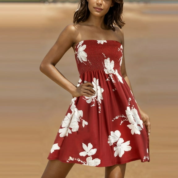 Taylonsss Womens Summer Strapless Floral Print Boho Beach Dress Tube Top Casual Sundress for Vacation