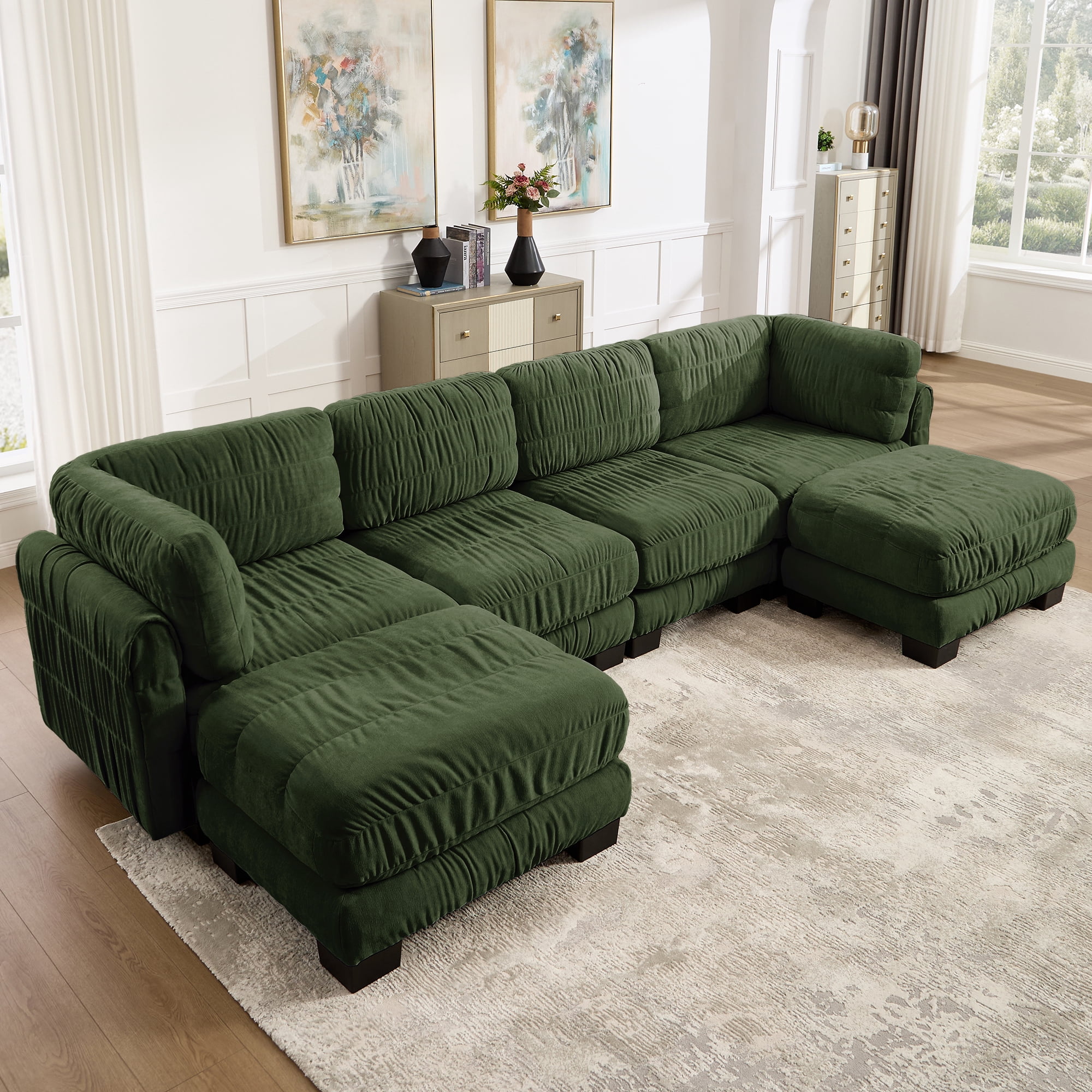 140" U Shape 4 Seat Ruched Chenille Modular Sectional Sofa with 2 Movable Ottomans,Easy Assembly